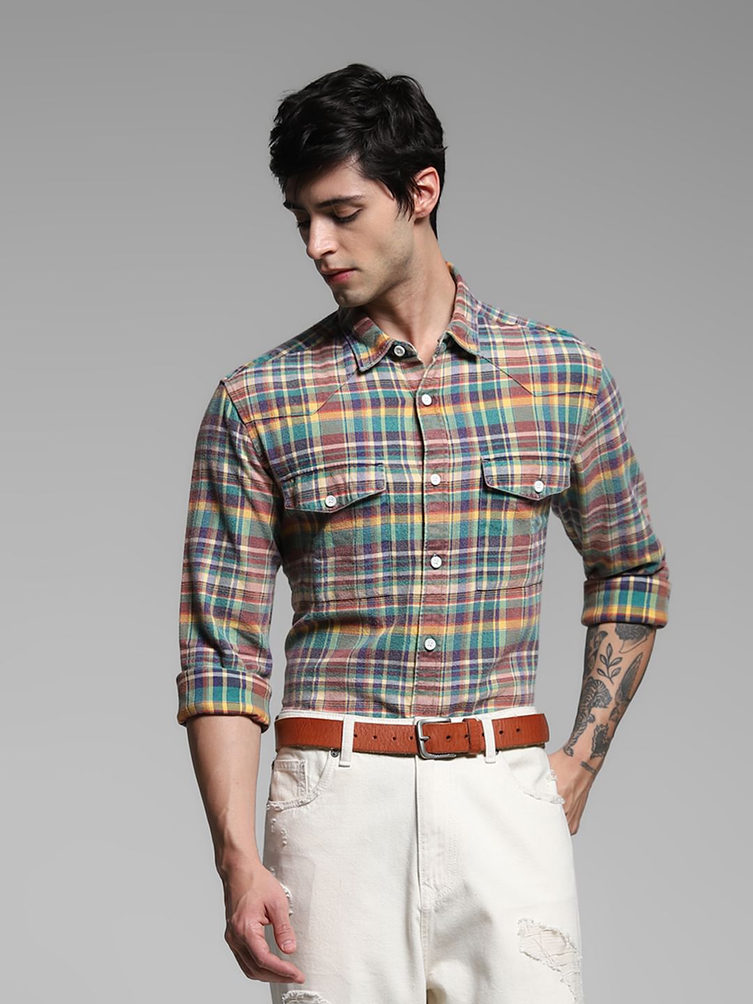 Yellow Check Print Cotton Shirt - XL