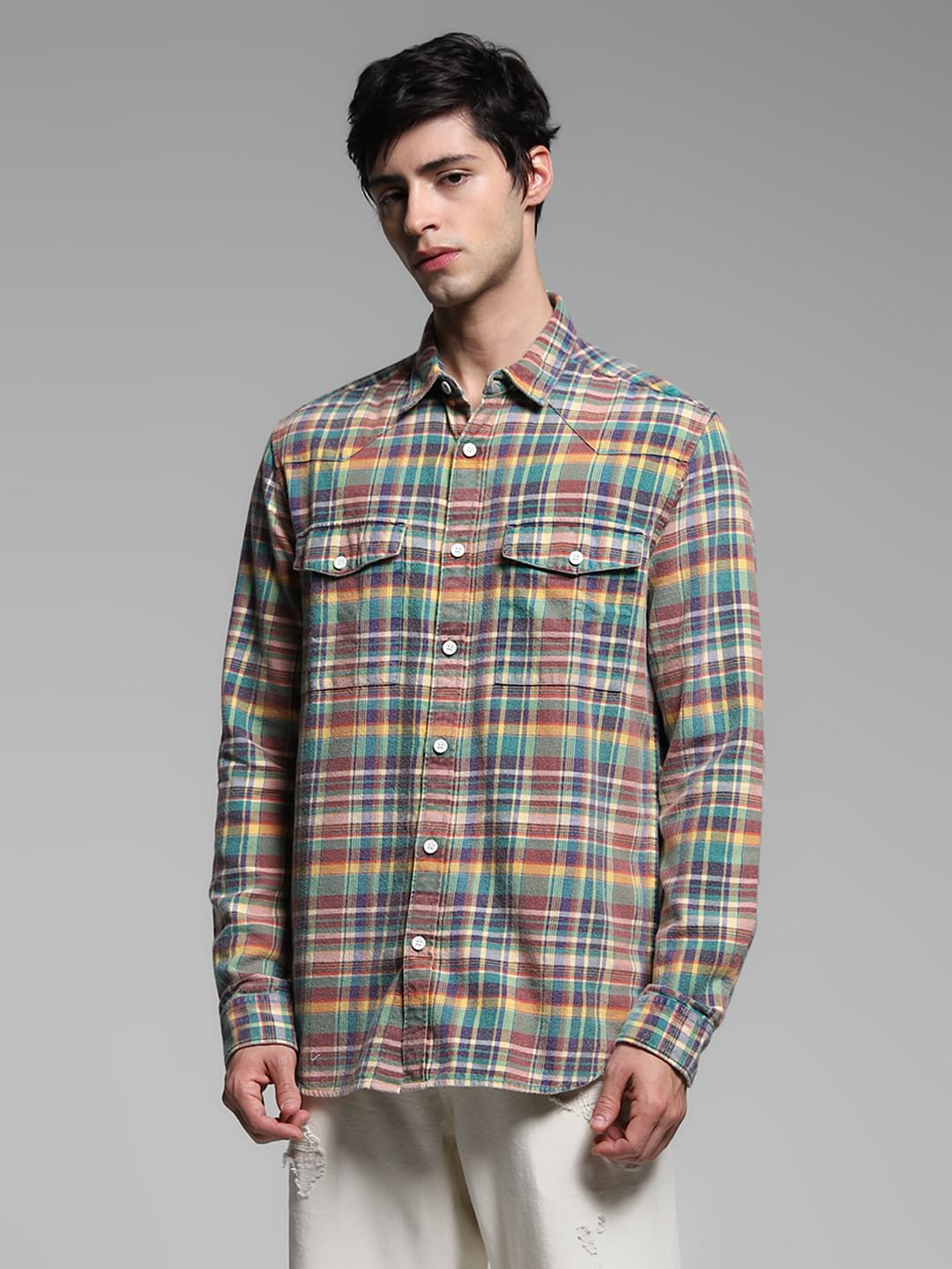 Yellow Check Print Cotton Shirt