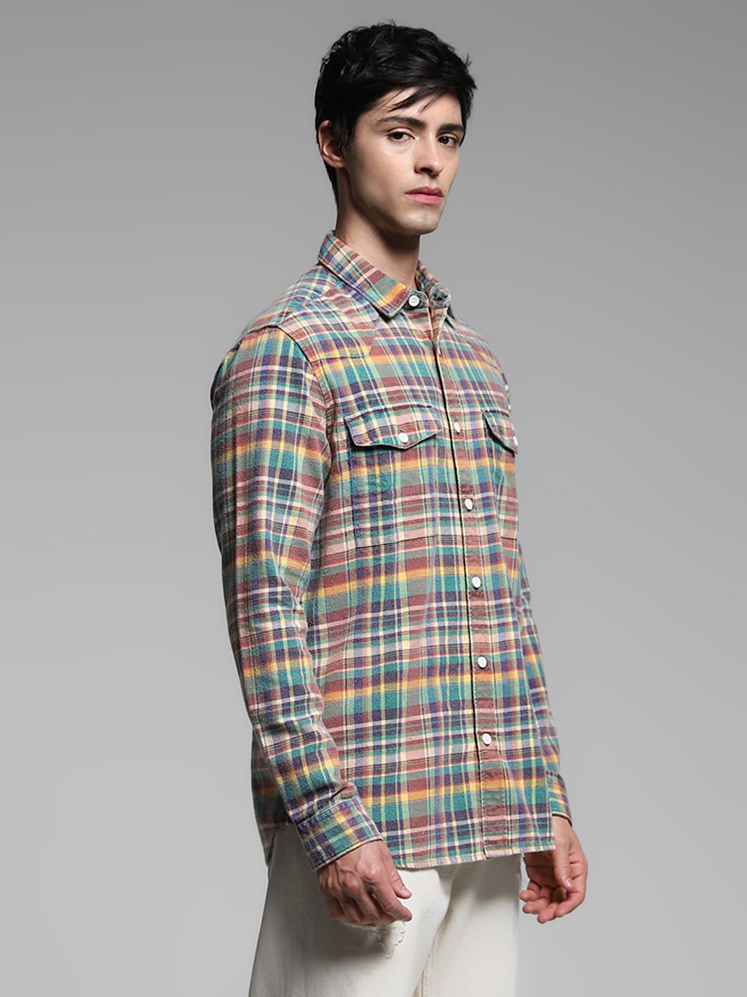 Yellow Check Print Cotton Shirt