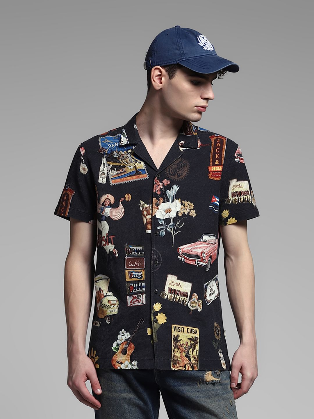 Black Printed Cotton Shirt - S