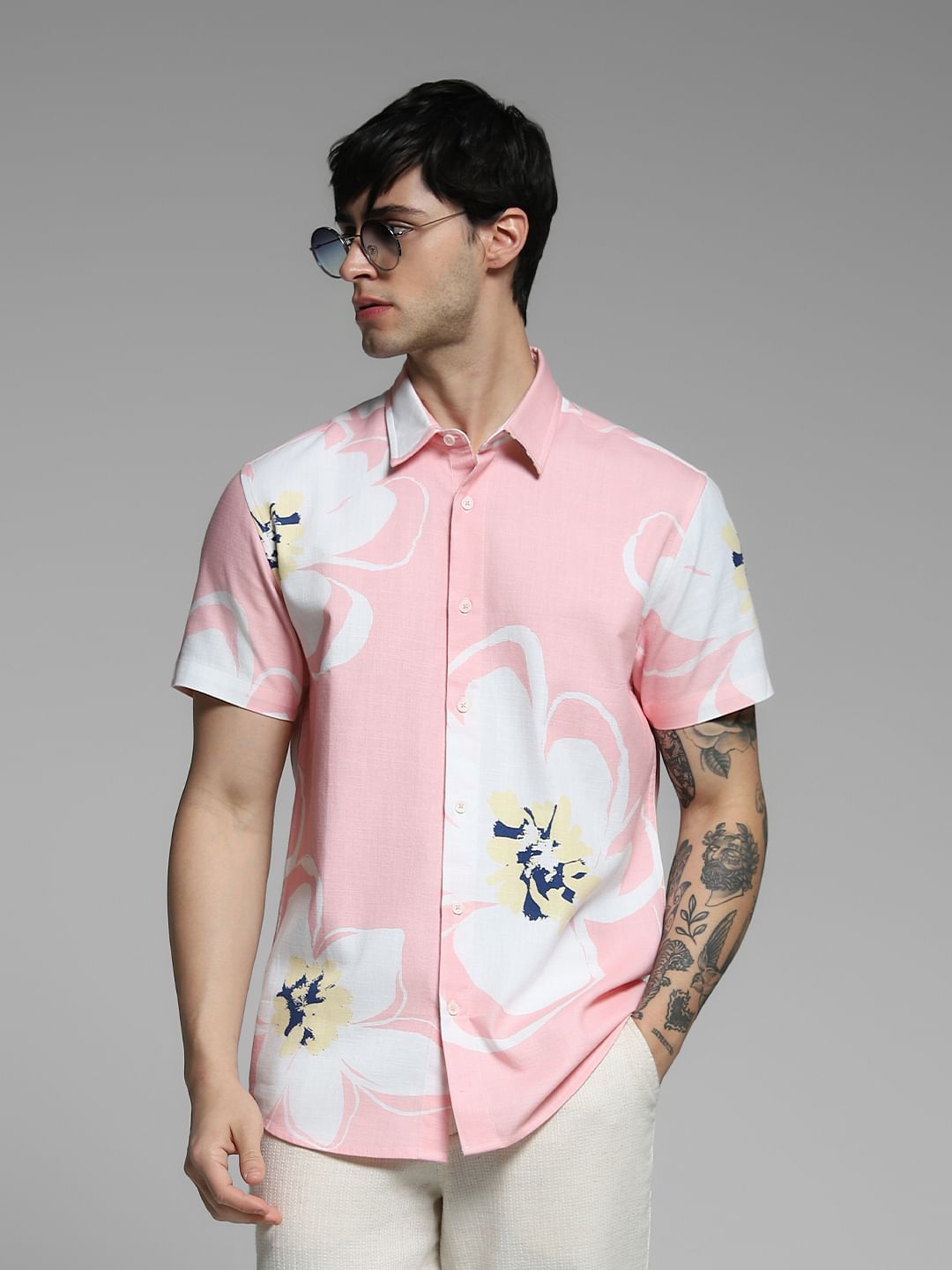 Pink Floral Print Cotton Shirt - S