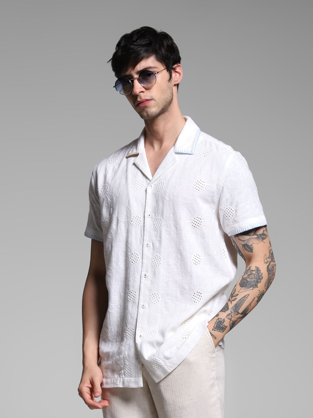 White Embroidered Cotton Shirt - S
