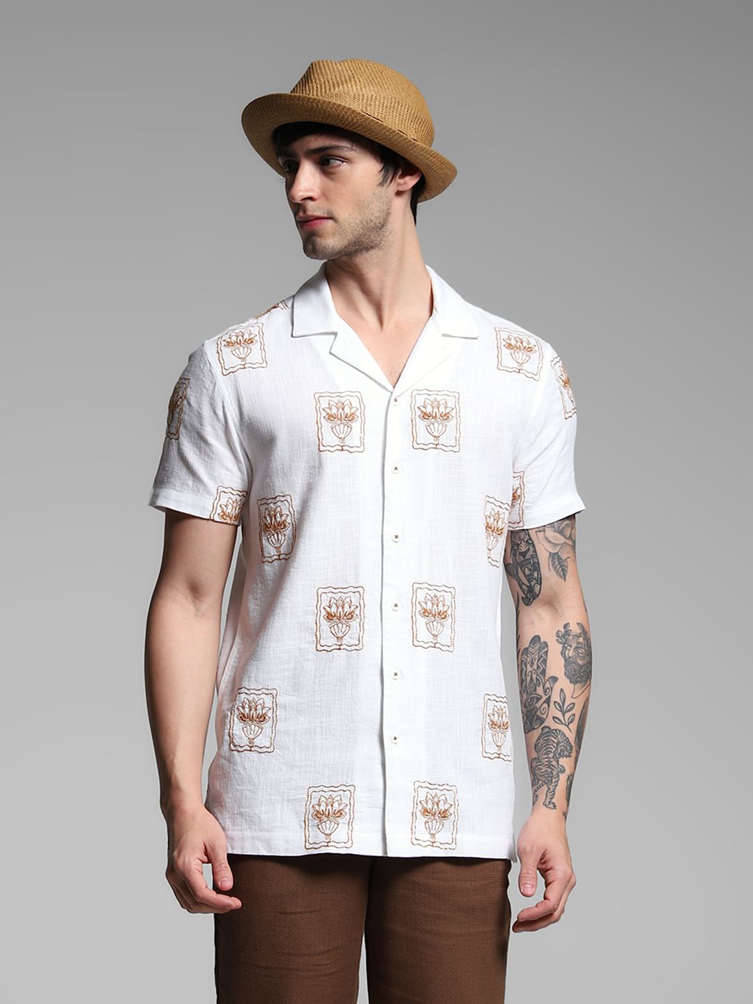 White Embroidered Resort Collar Shirt