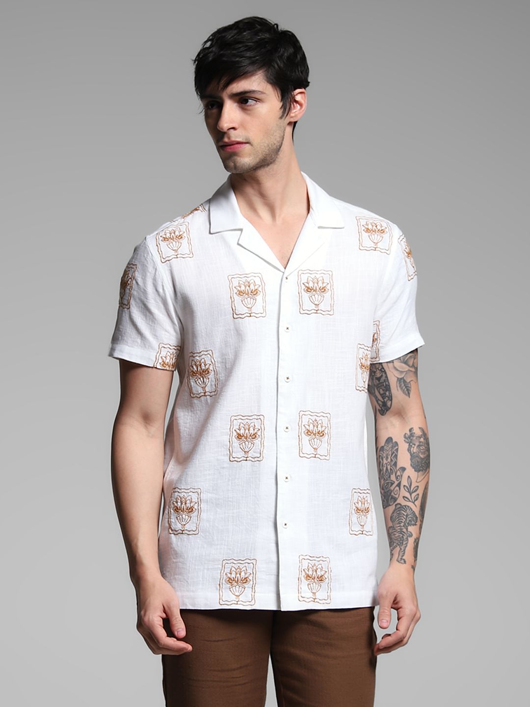 White Embroidered Resort Collar Shirt