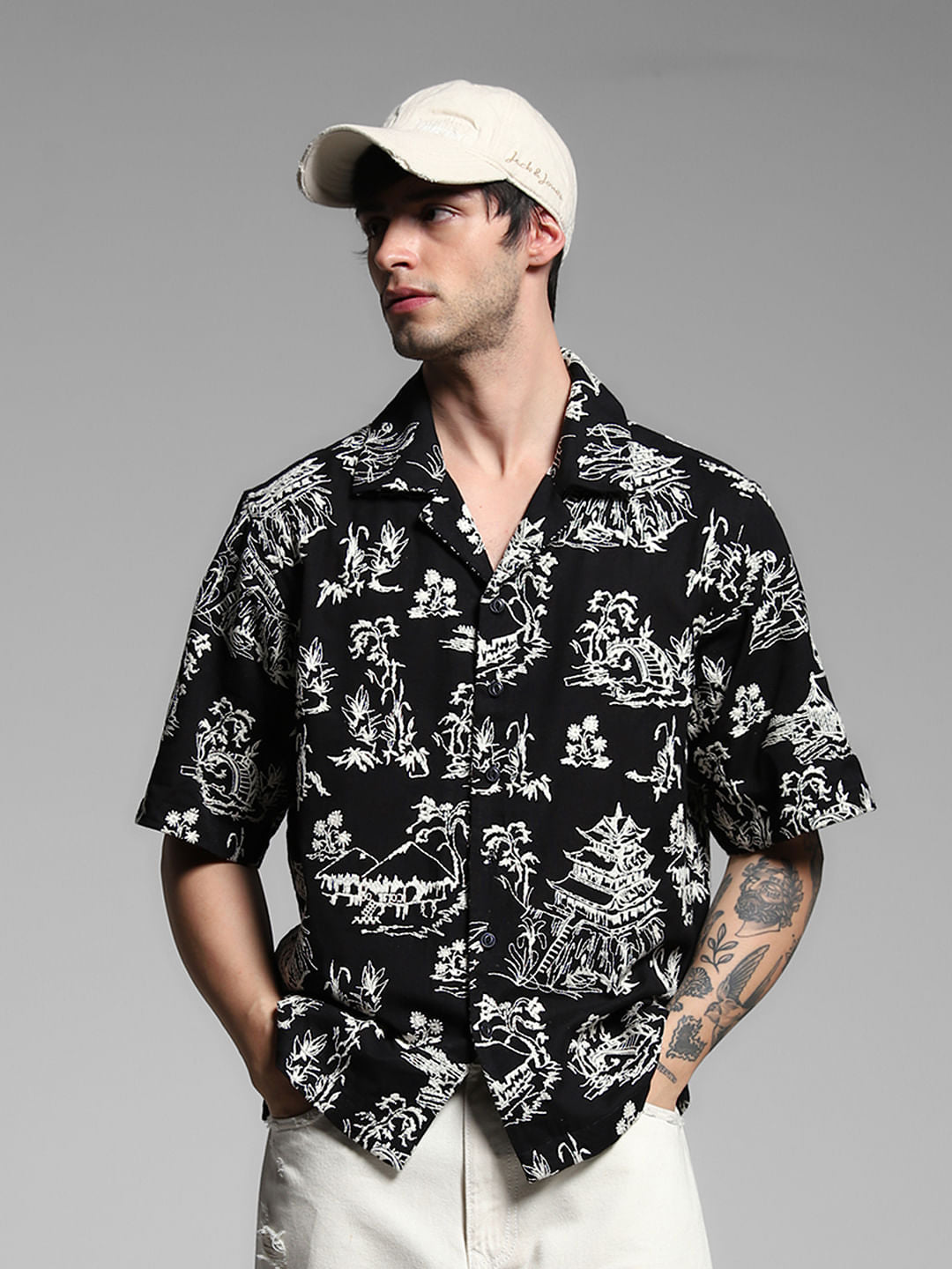 Black Embroidered Print Cotton Shirt - S