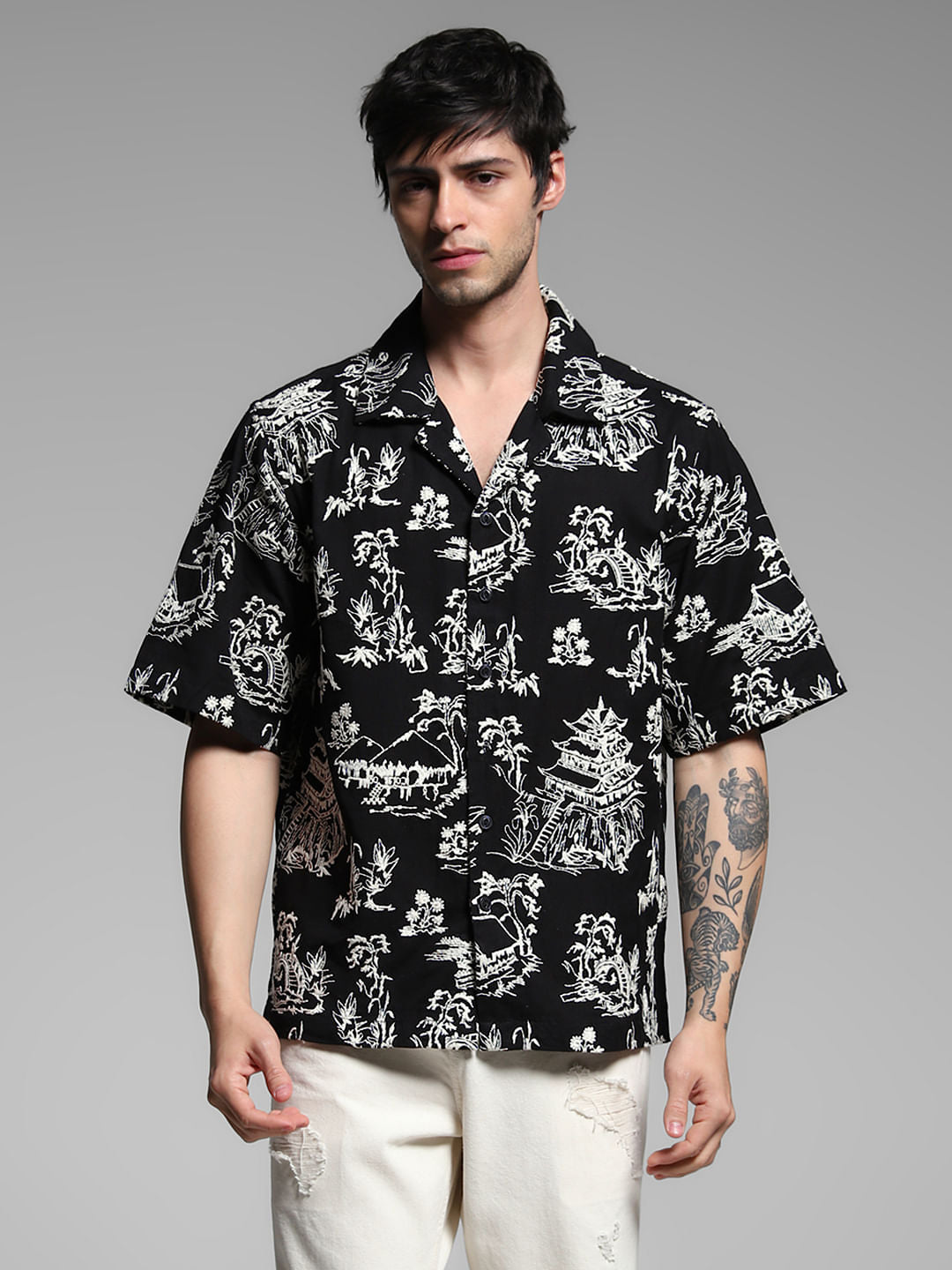 Black Embroidered Print Cotton Shirt