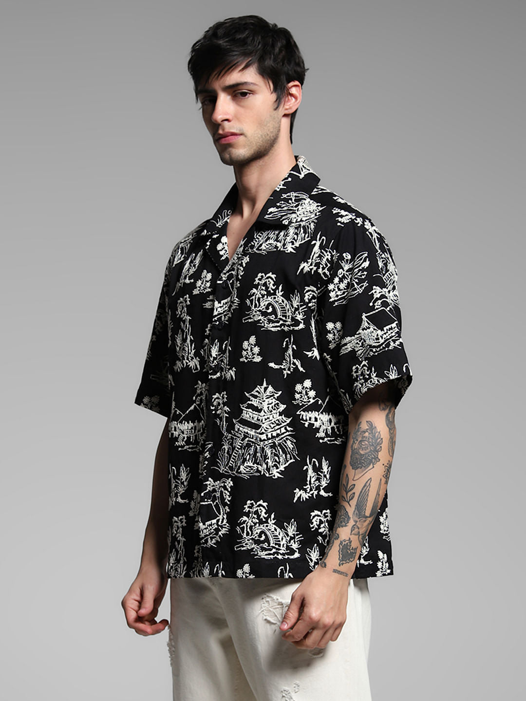 Black Embroidered Print Cotton Shirt