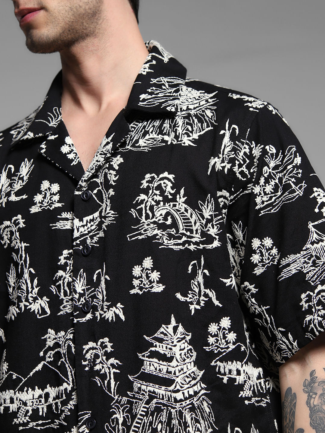 Black Embroidered Print Cotton Shirt