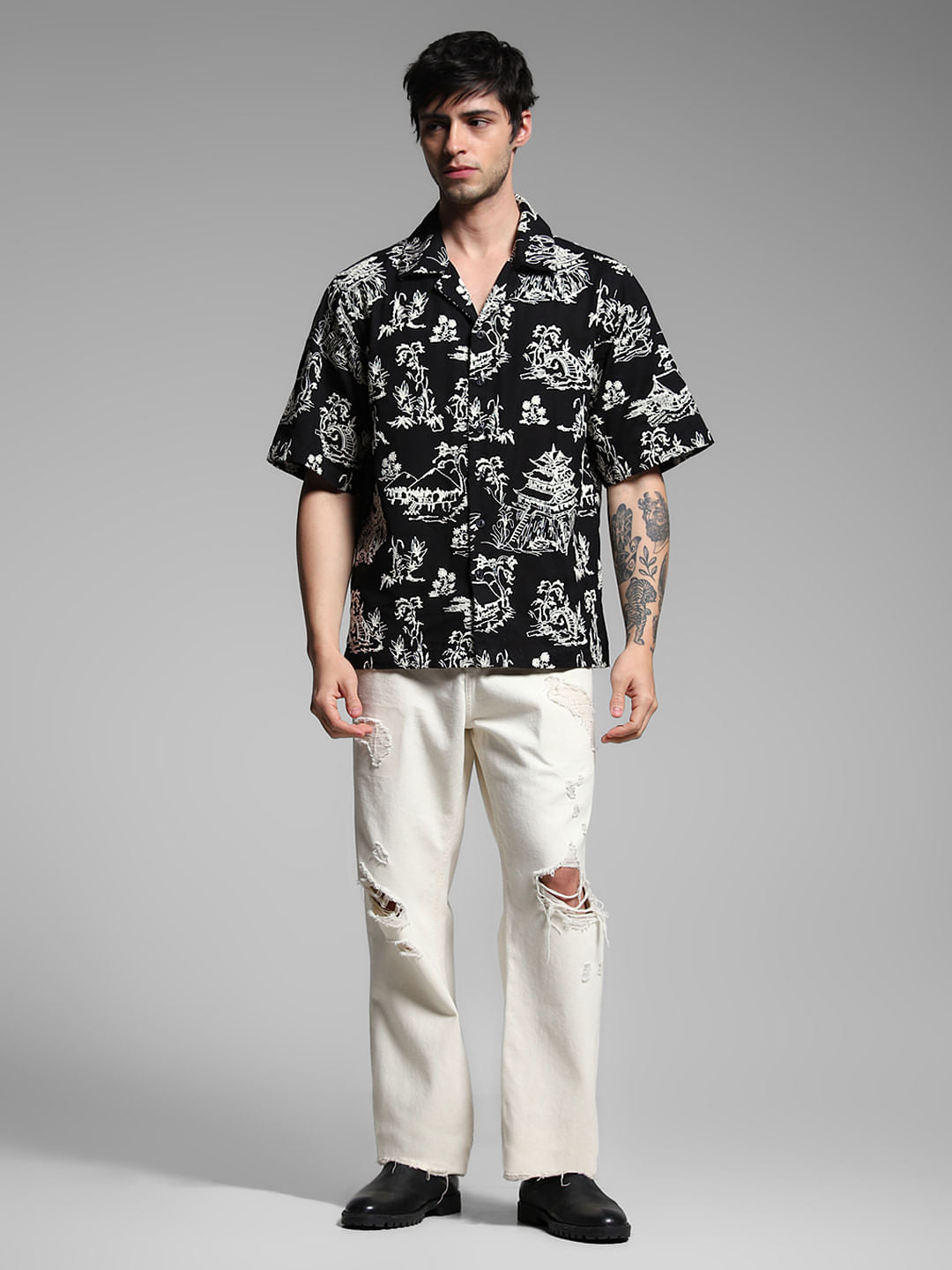 Black Embroidered Print Cotton Shirt