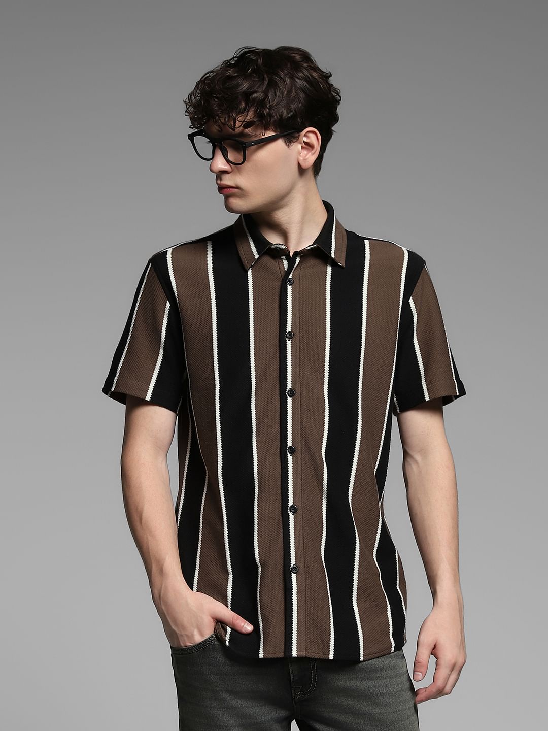 Black Striped Resort Collar Shirt - M