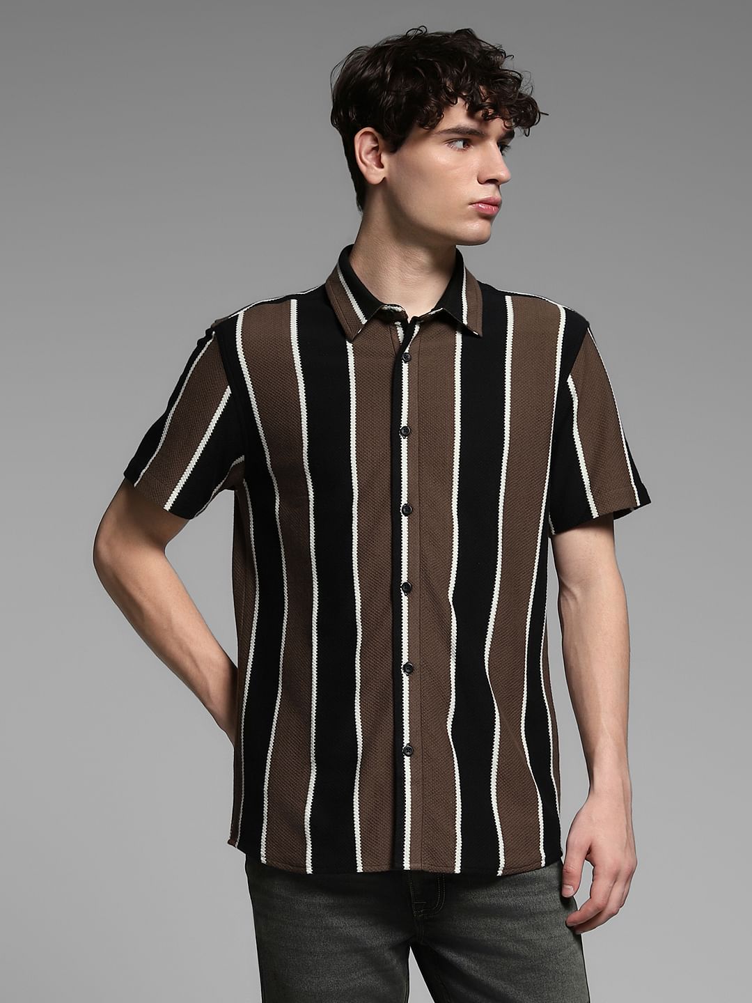 Black Striped Resort Collar Shirt