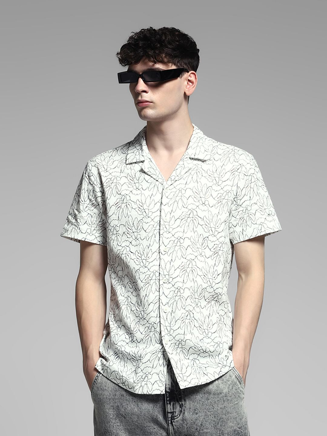 White Printed Dobby Cotton Shirt
