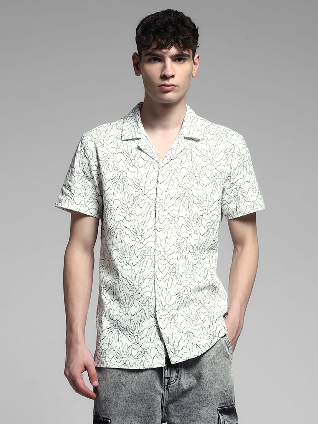 White Printed Dobby Cotton Shirt