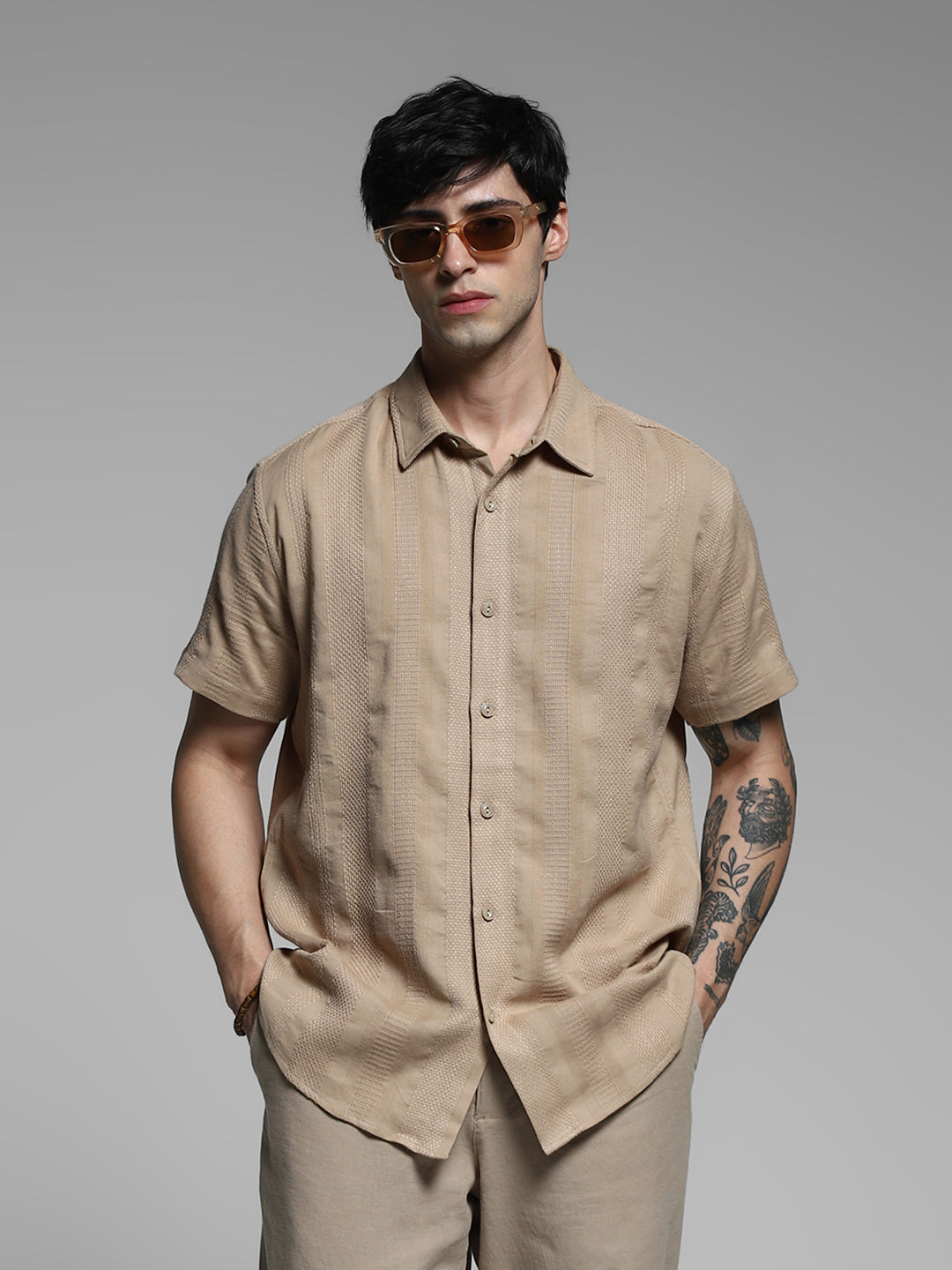 Brown Dobby Regular Fit Shirt - S