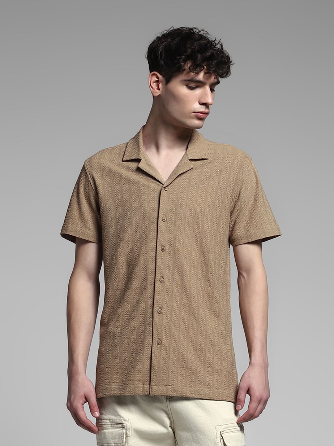 Brown Knitted Short Sleeves Shirt - S