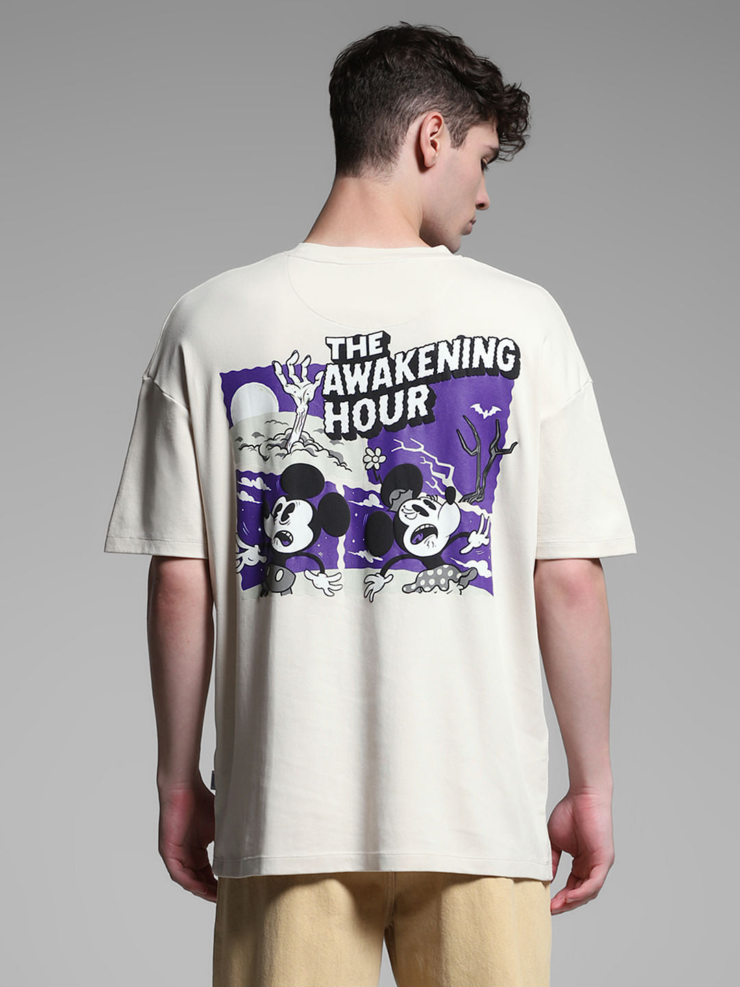 Beige Mickey Print Oversized T-shirt