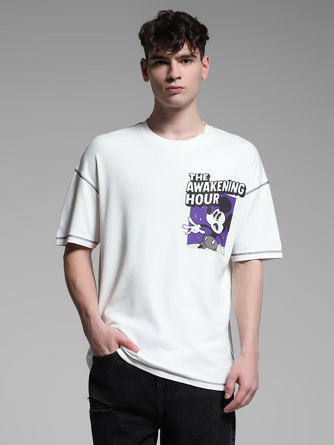 White Mickey Print Oversized T-shirt