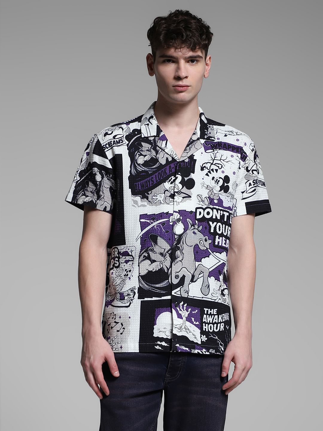 White Mickey Comic Strip Print Shirt