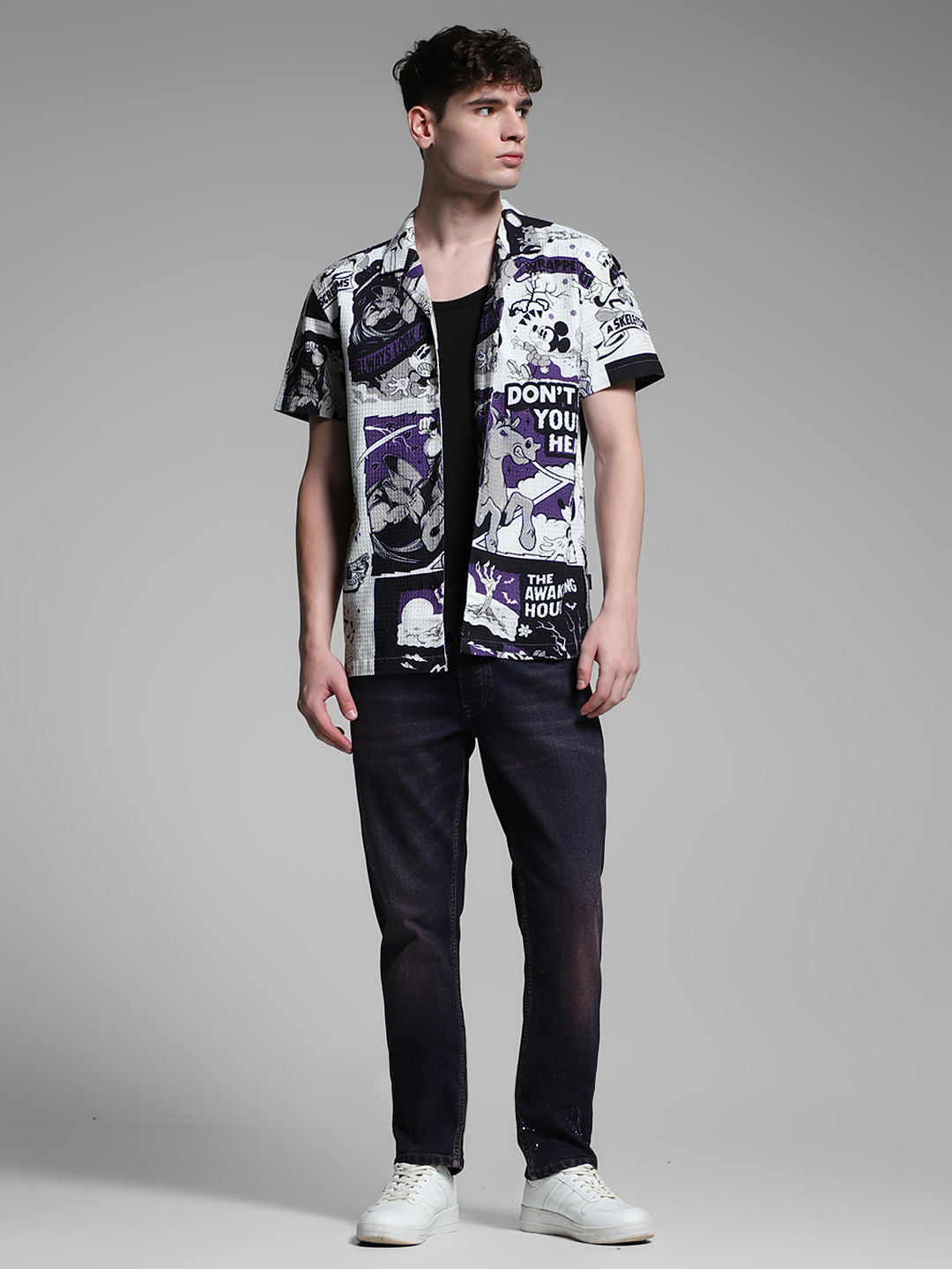 White Mickey Comic Strip Print Shirt