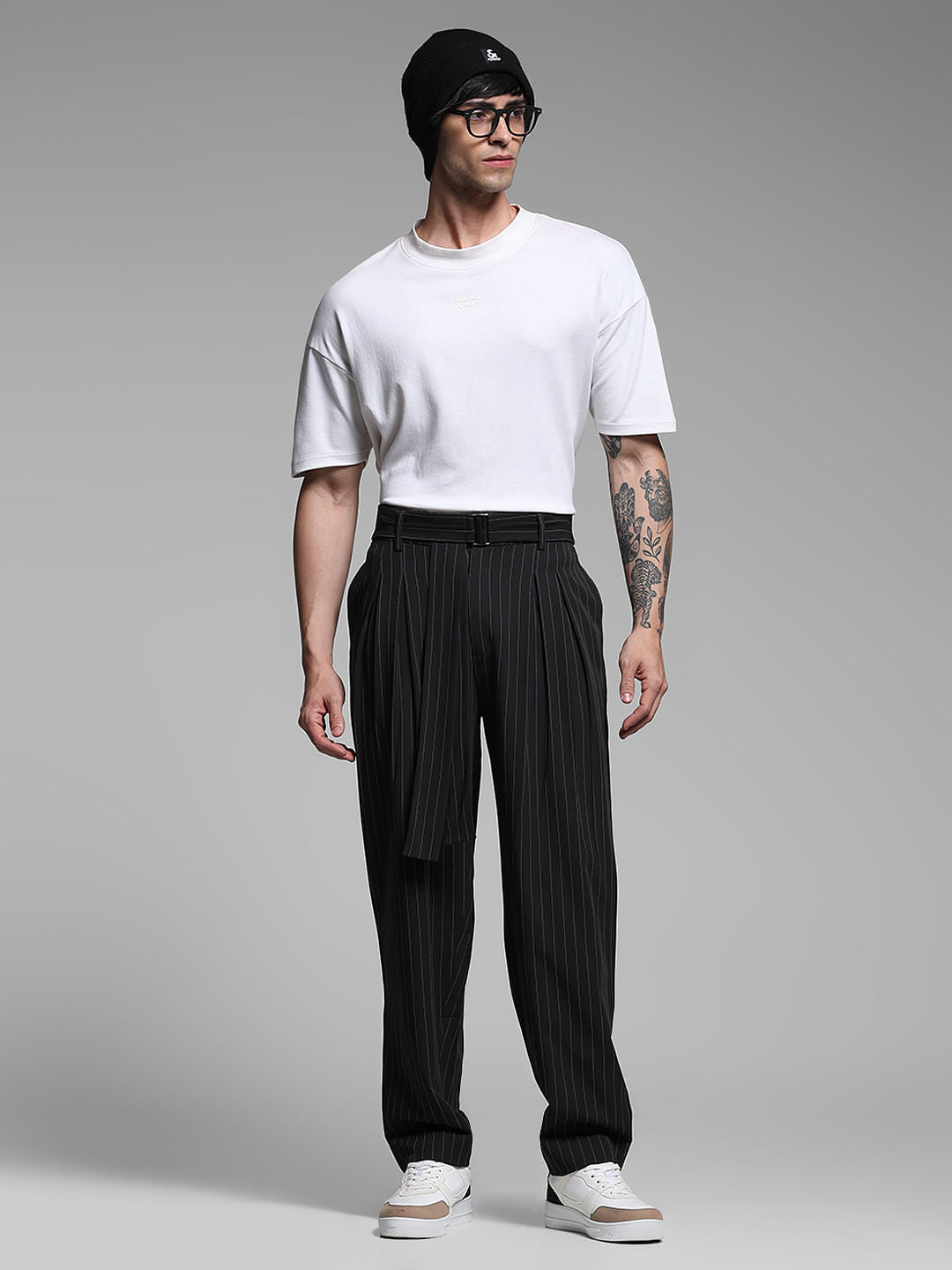 Black Waist Tie Up Striped Pants