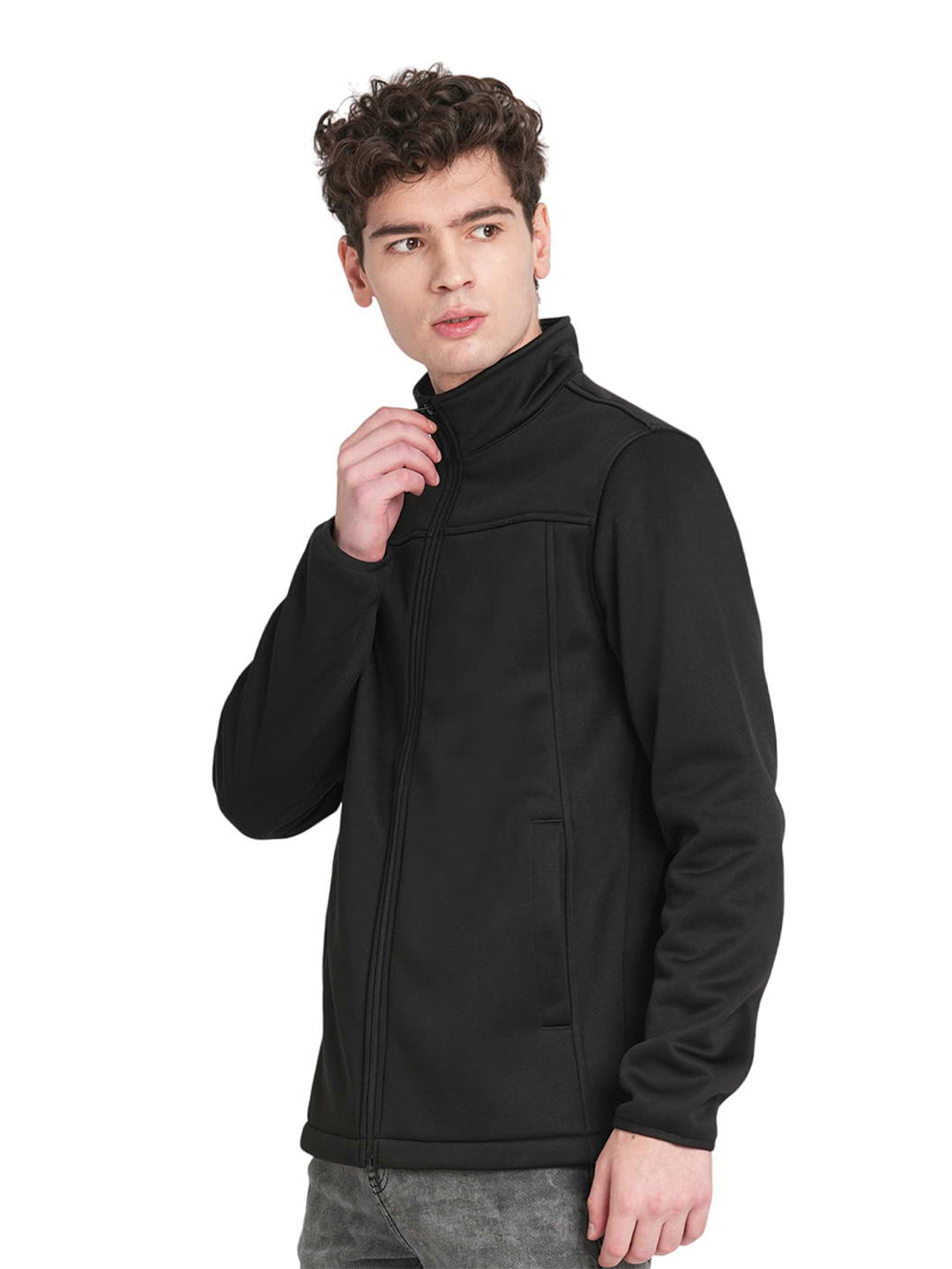 Black High Neck Bonded Fleece Jacket