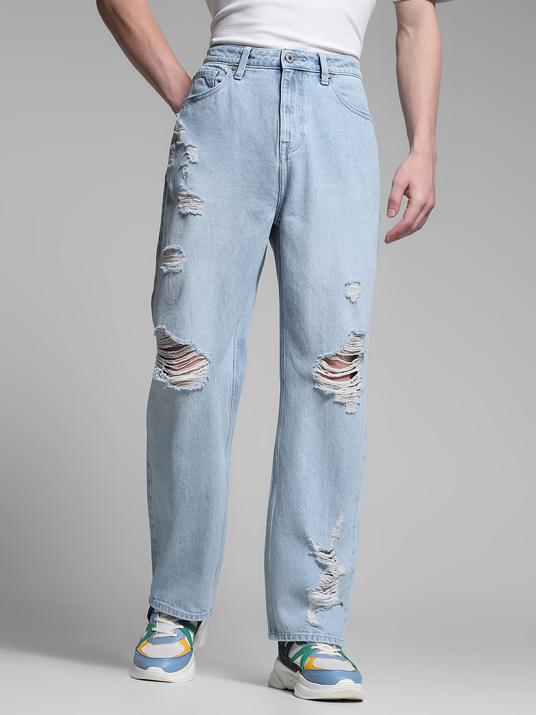 Light Blue Heavily Distressed Dario Loose Fit Jeans - 28/30