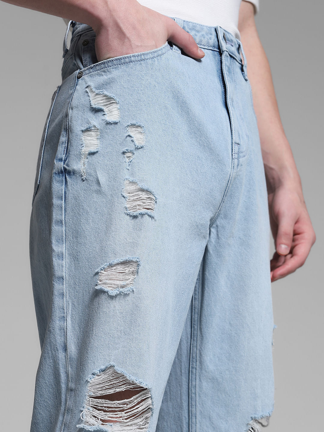 Light Blue Heavily Distressed Dario Loose Fit Jeans