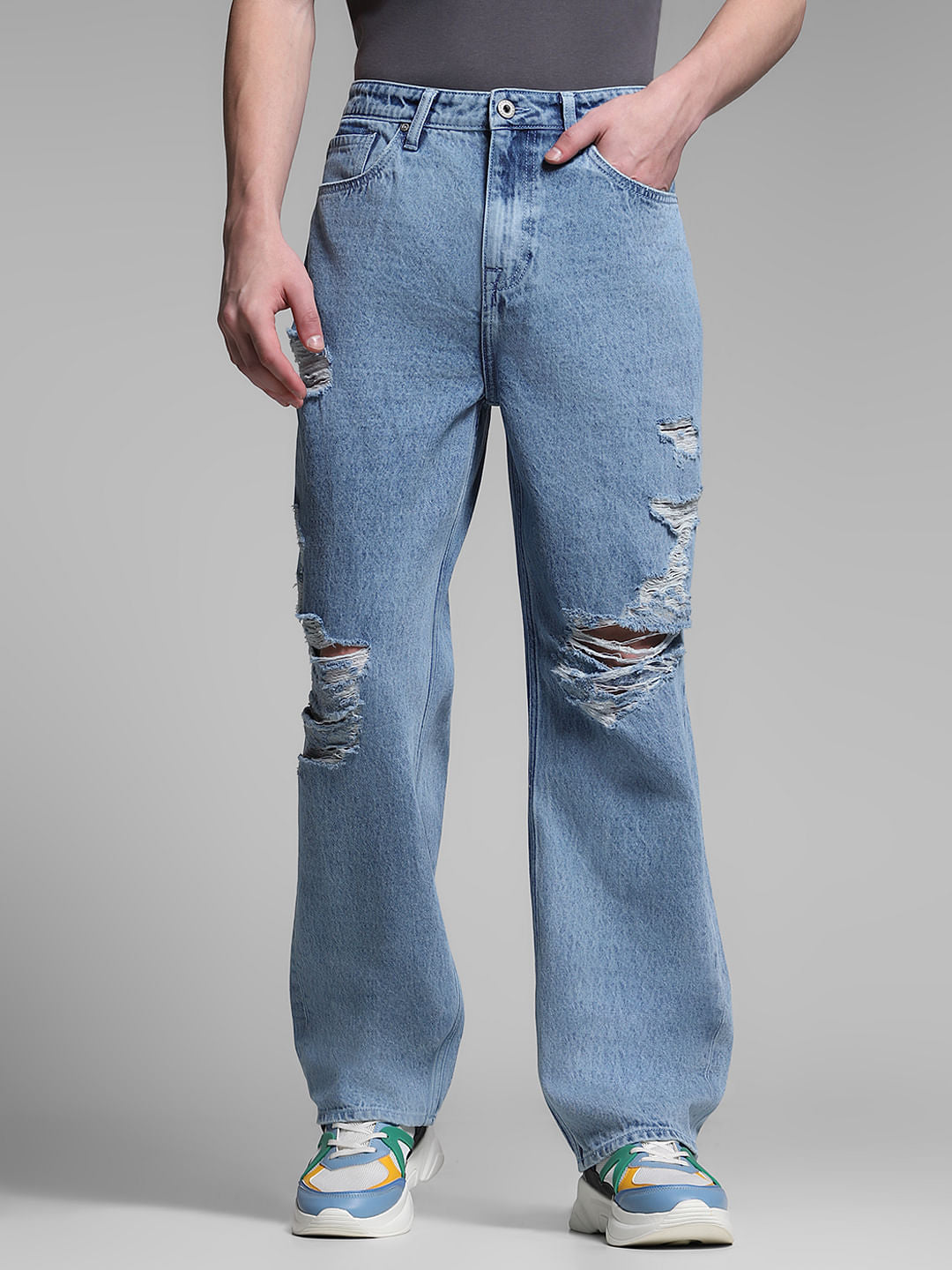 Light Blue Heavily Distressed Dario Loose Fit Jeans - 28/30