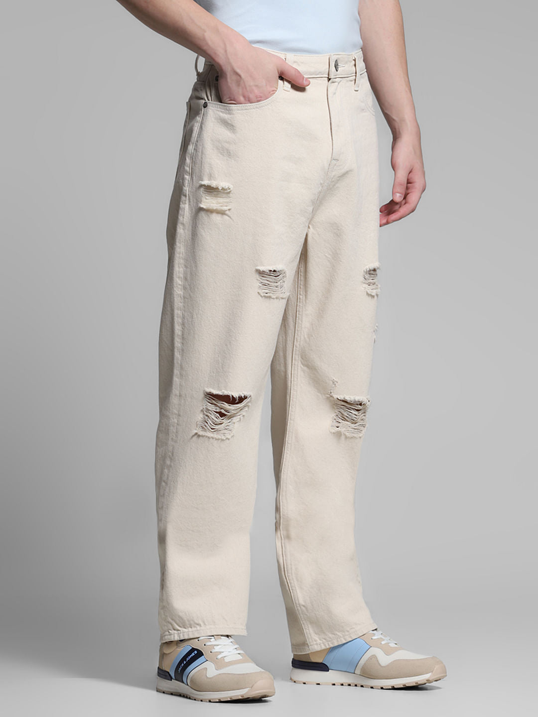 Beige Distressed Dario Loose Fit Jeans
