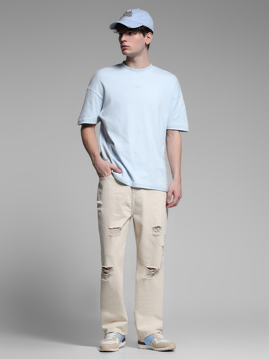 Beige Distressed Dario Loose Fit Jeans