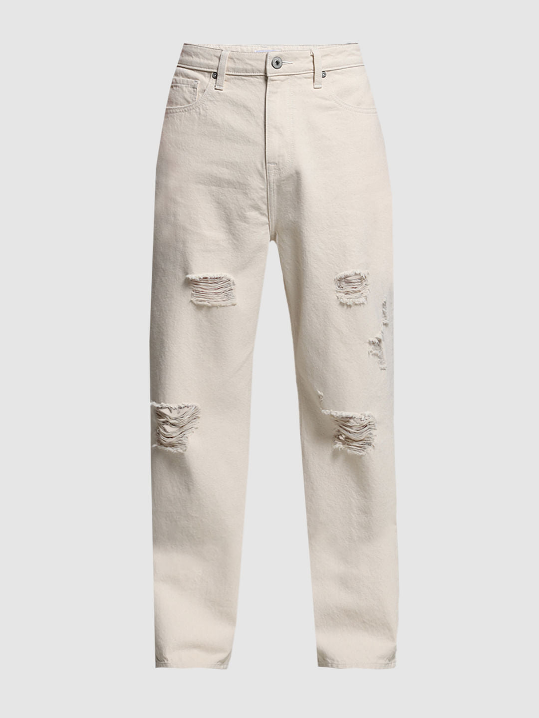 Beige Distressed Dario Loose Fit Jeans