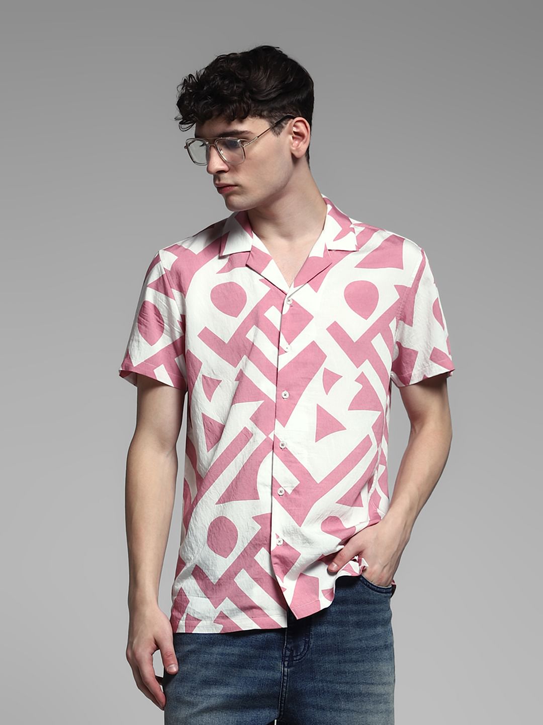 White Printed Viscose Blend Shirt - S