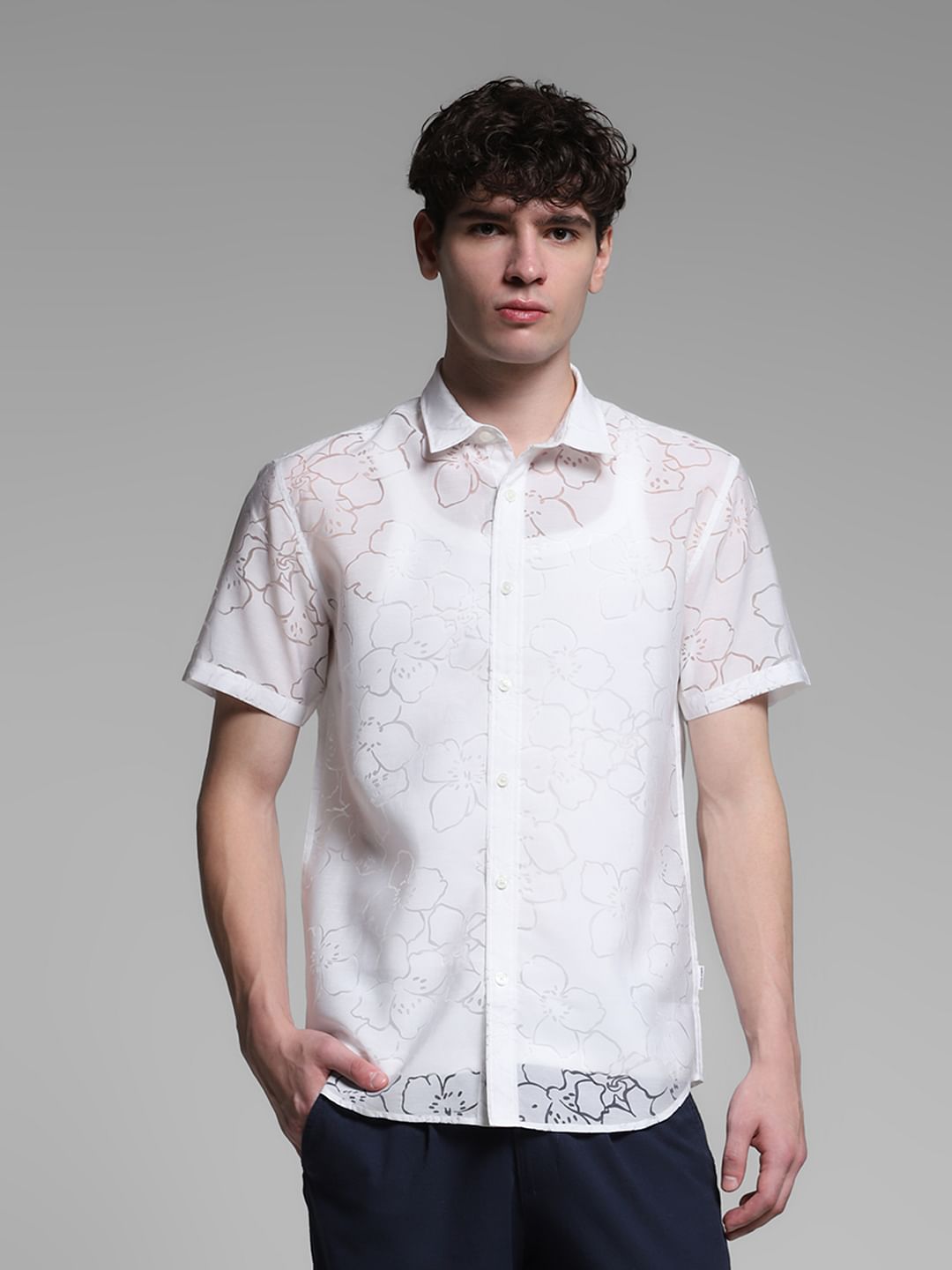 White Sheer Floral Short Sleeves Shirt - S