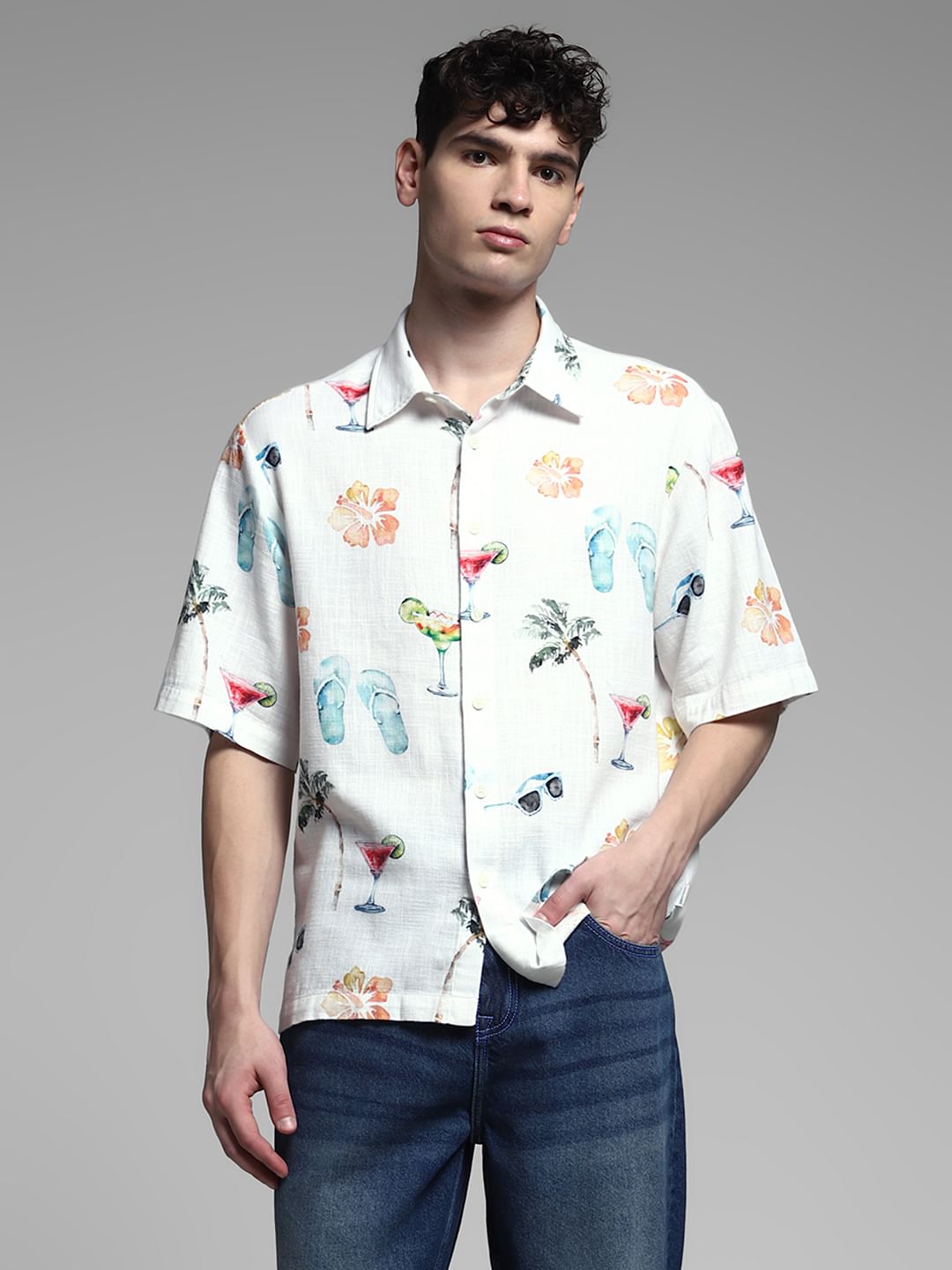 White Printed Cotton Short Sleeves Shirt