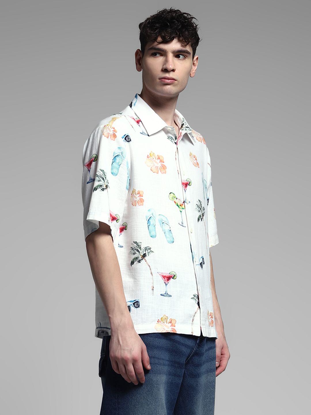 White Printed Cotton Short Sleeves Shirt