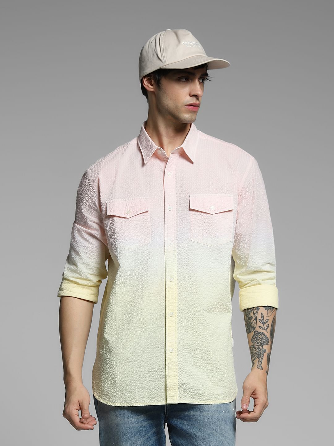 Yellow Knitted Colourblocked Cotton Shirt - S