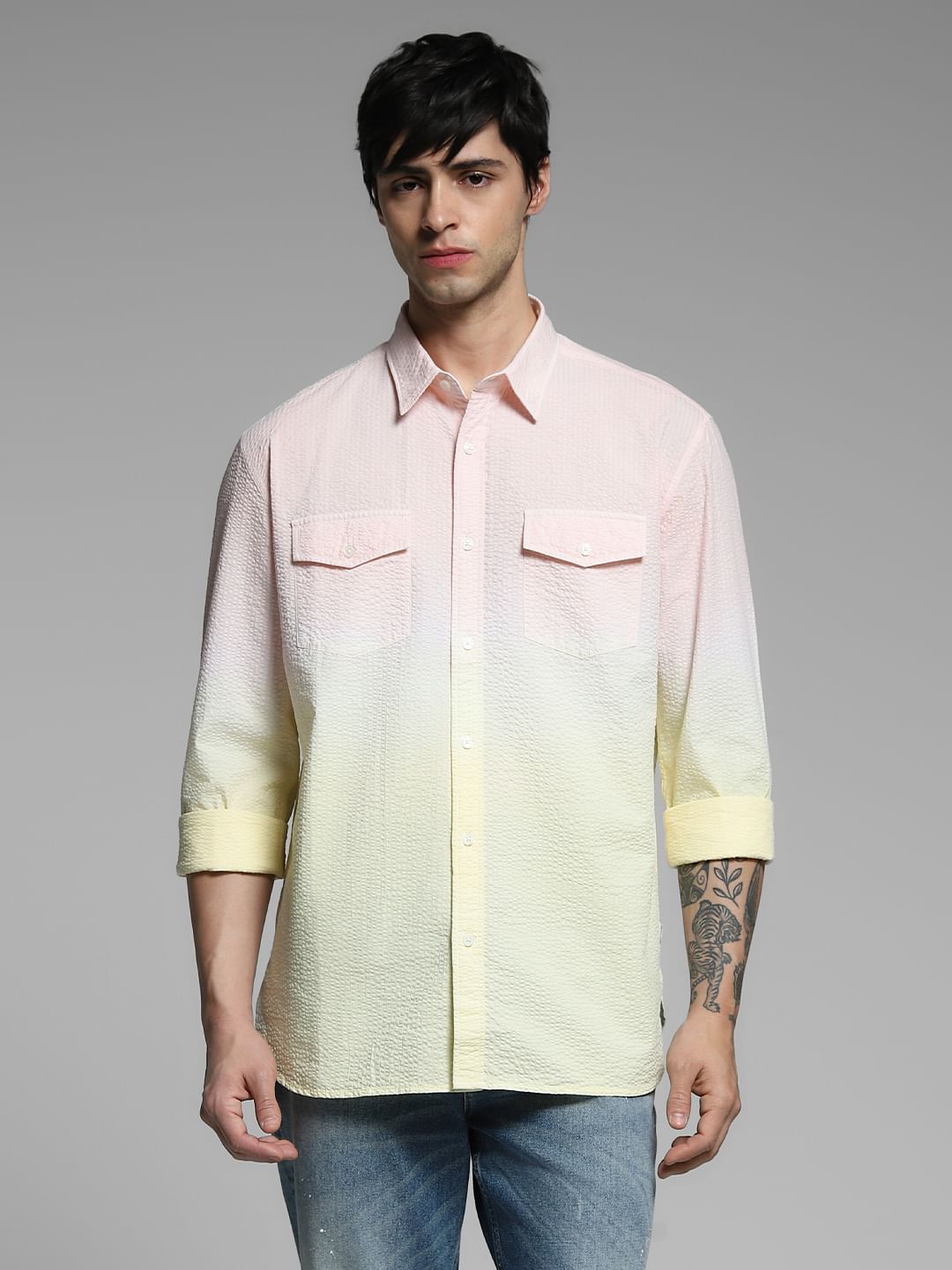 Yellow Knitted Colourblocked Cotton Shirt