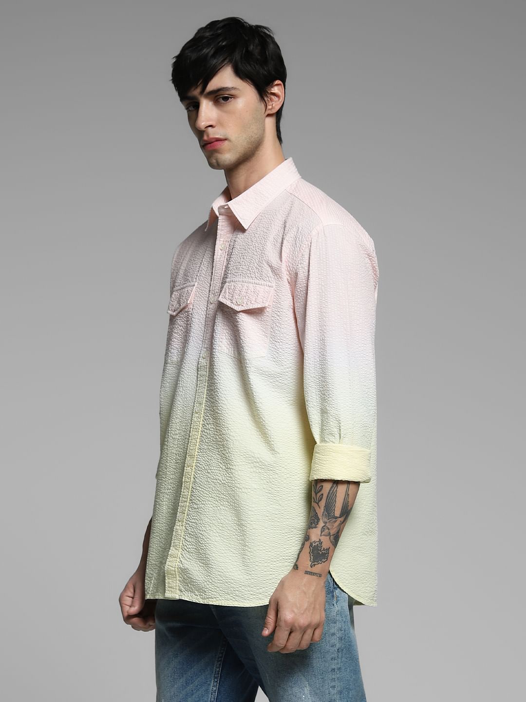 Yellow Knitted Colourblocked Cotton Shirt