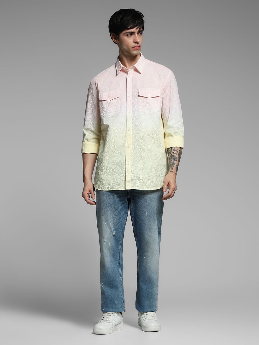 Yellow Knitted Colourblocked Cotton Shirt