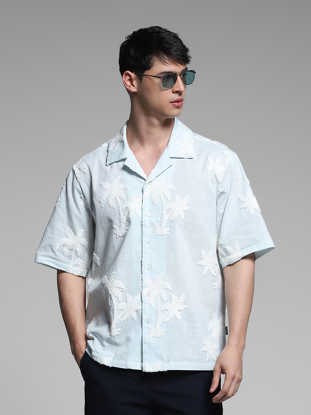 Blue Embroidered Floral Oversized Shirt - XXL