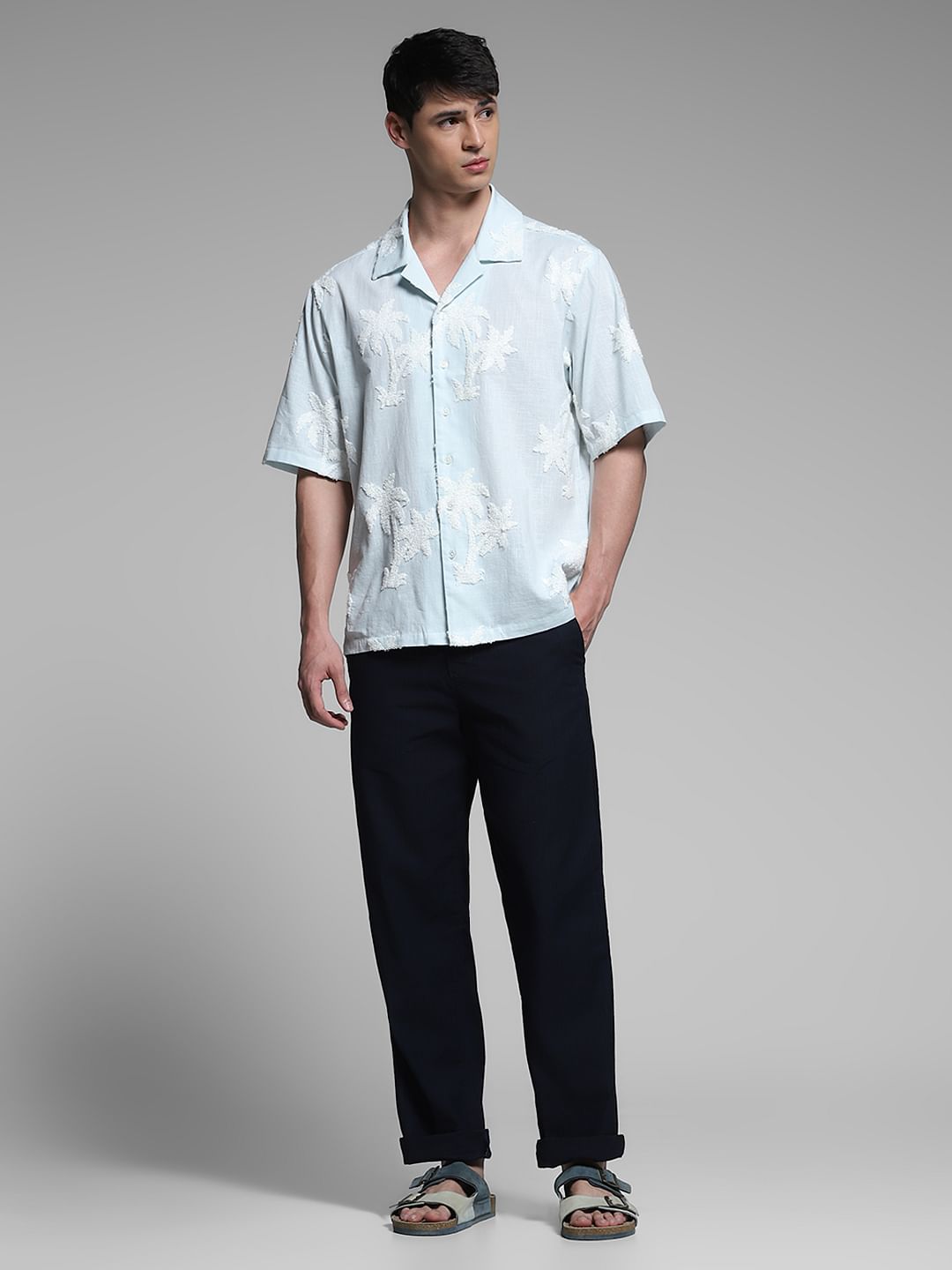 Blue Embroidered Floral Oversized Shirt