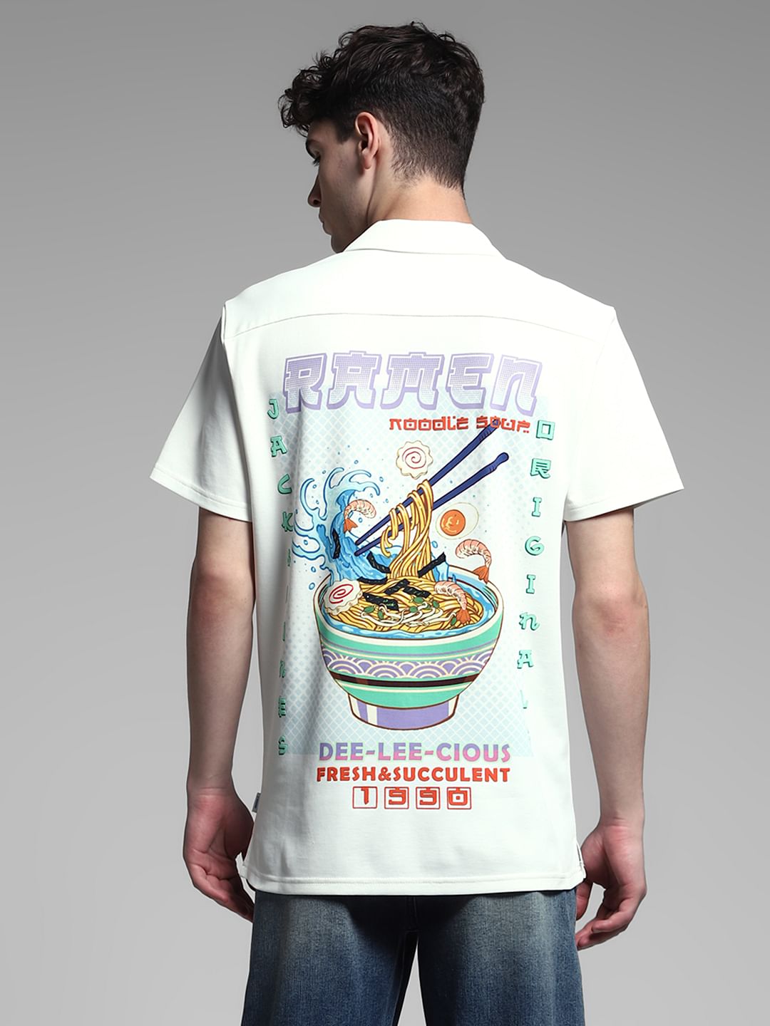 White Ramen Print Knitted Shirt