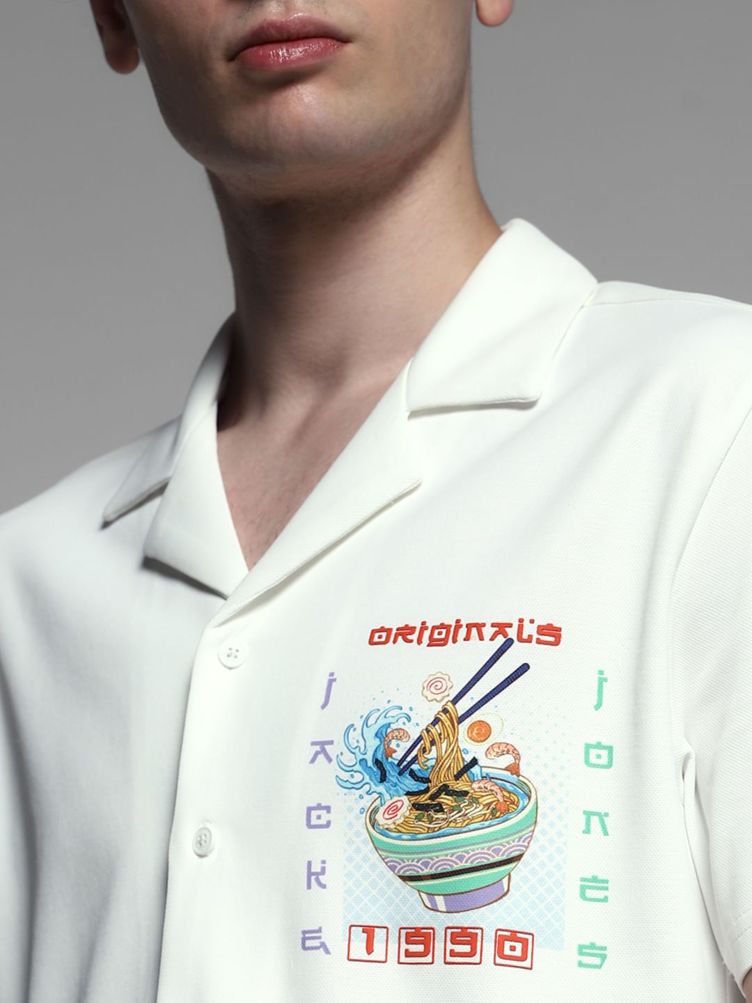 White Ramen Print Knitted Shirt