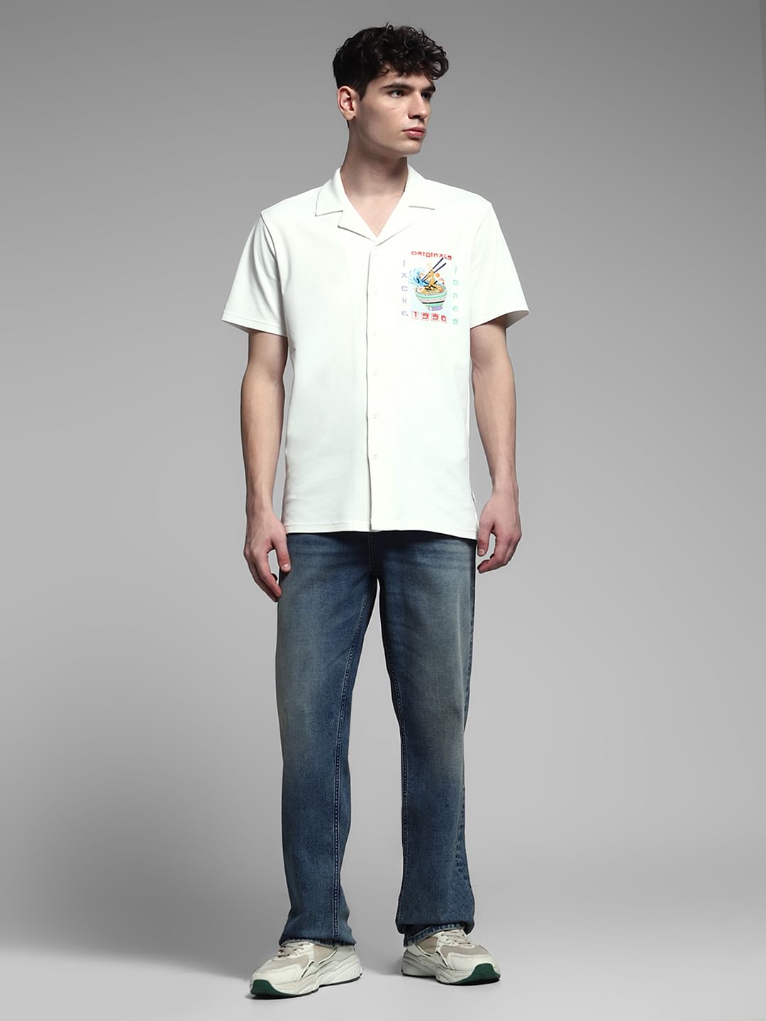 White Ramen Print Knitted Shirt