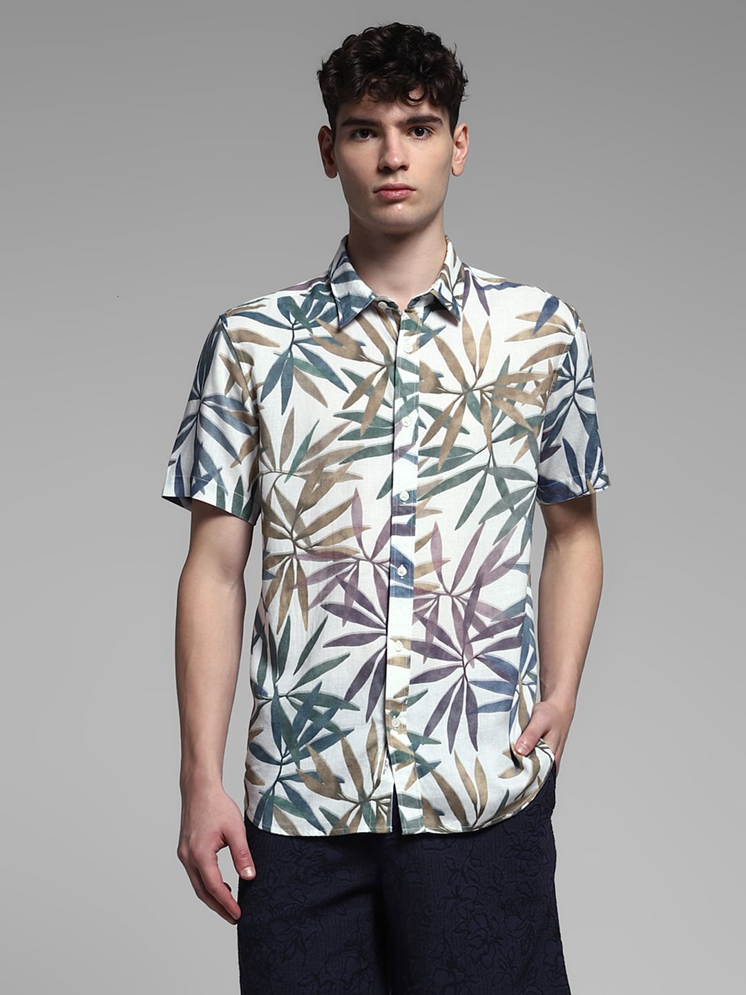 White Tropical Print Resort Collar Shirt