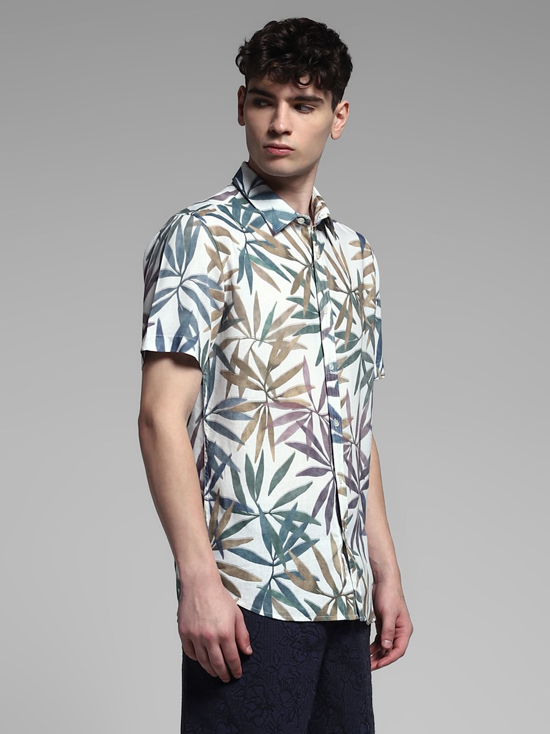 White Tropical Print Resort Collar Shirt