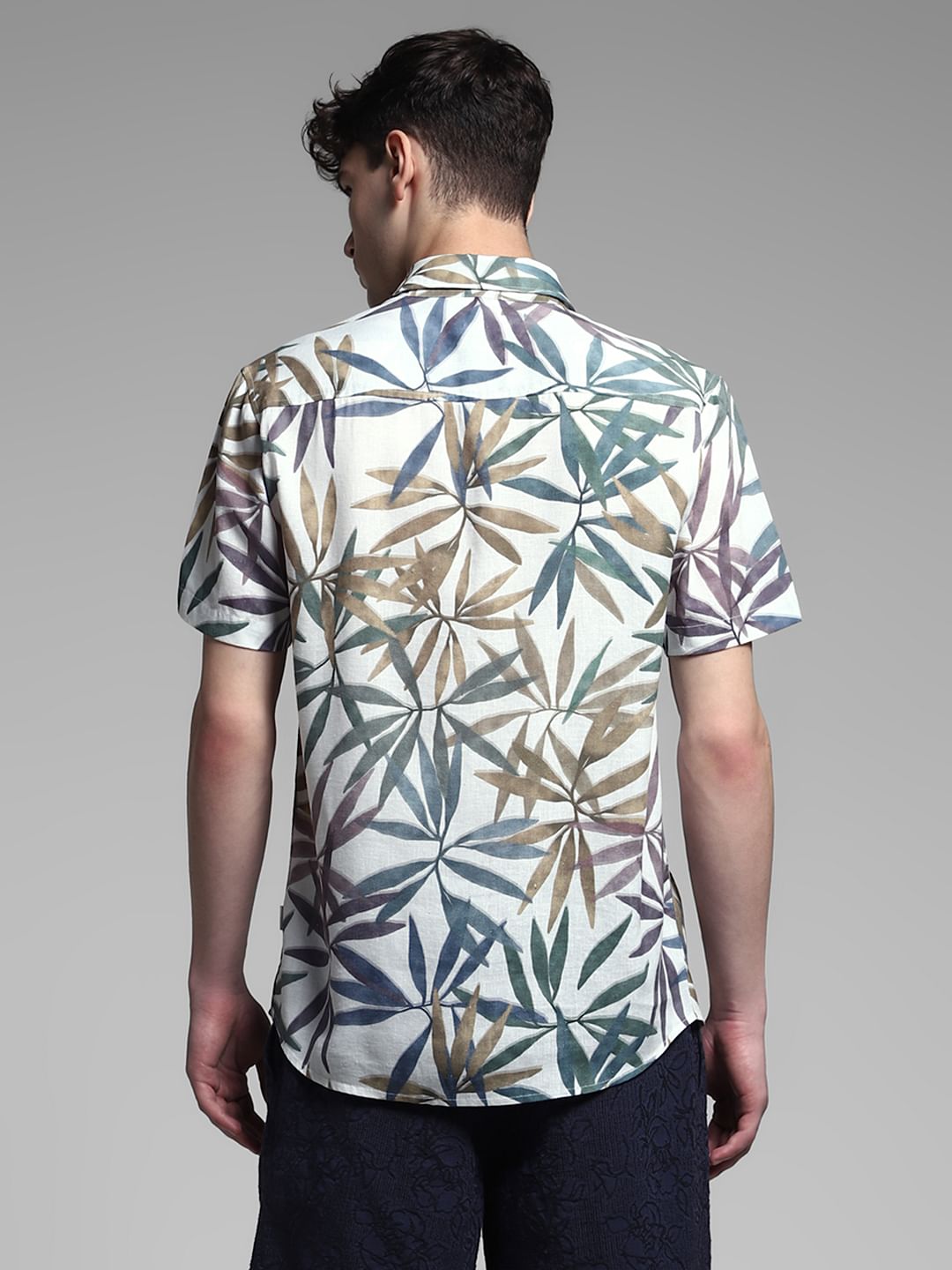 White Tropical Print Resort Collar Shirt