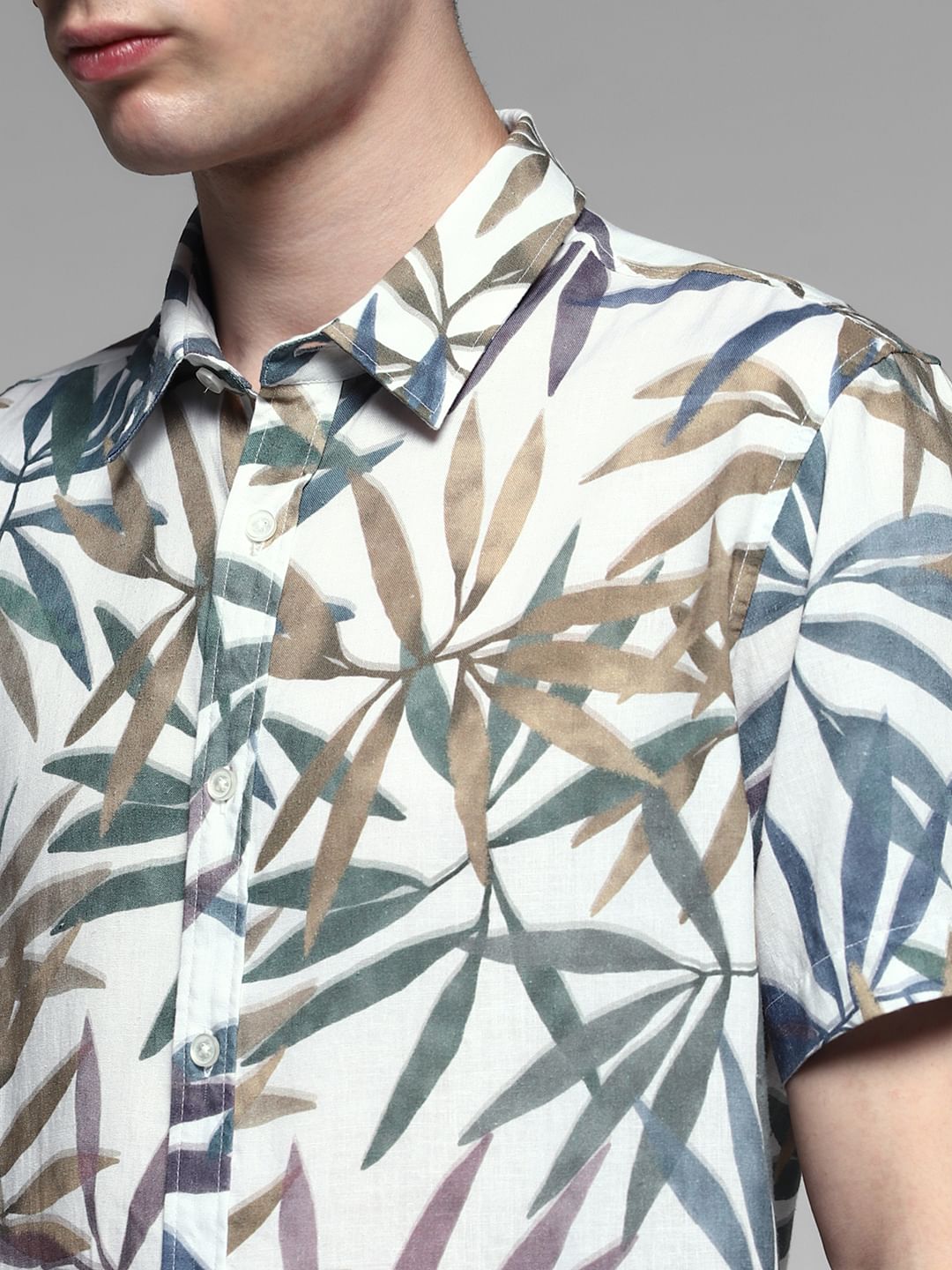 White Tropical Print Resort Collar Shirt