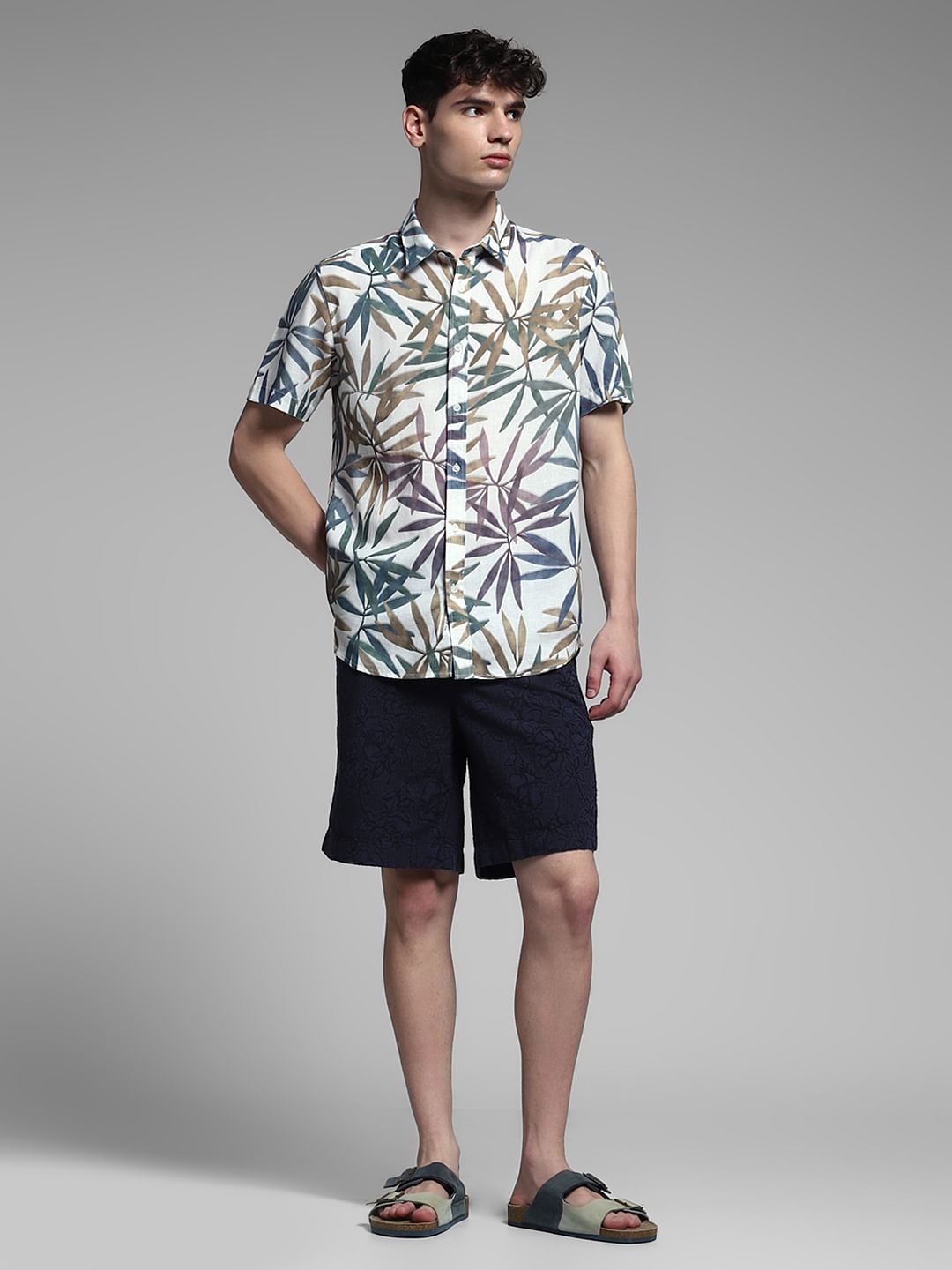 White Tropical Print Resort Collar Shirt