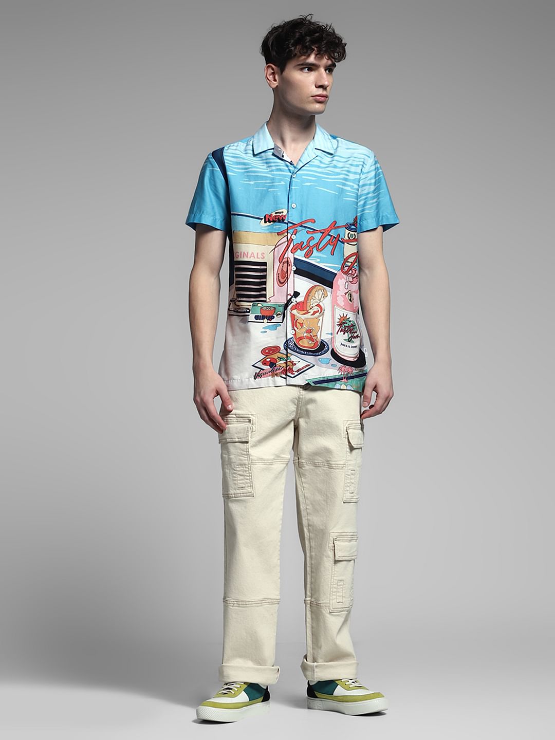 Blue Printed Cuban Collar Shirt